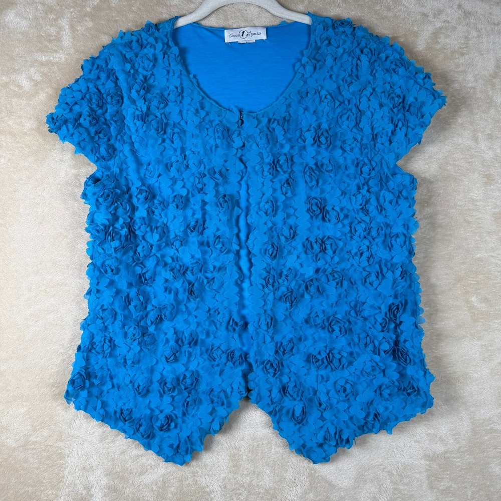 Once 1 Again Women L Blue 3D Floral Rosette Short Sleeve Top 3D Texture Unique